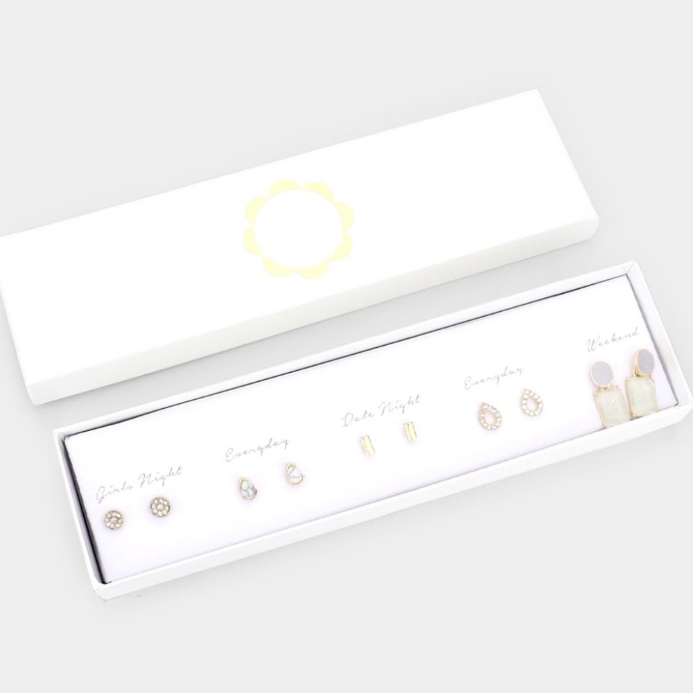 Five Pairs Gold Rhinestone Crystal Stud Earrings Set Mixed Bar Various Styles